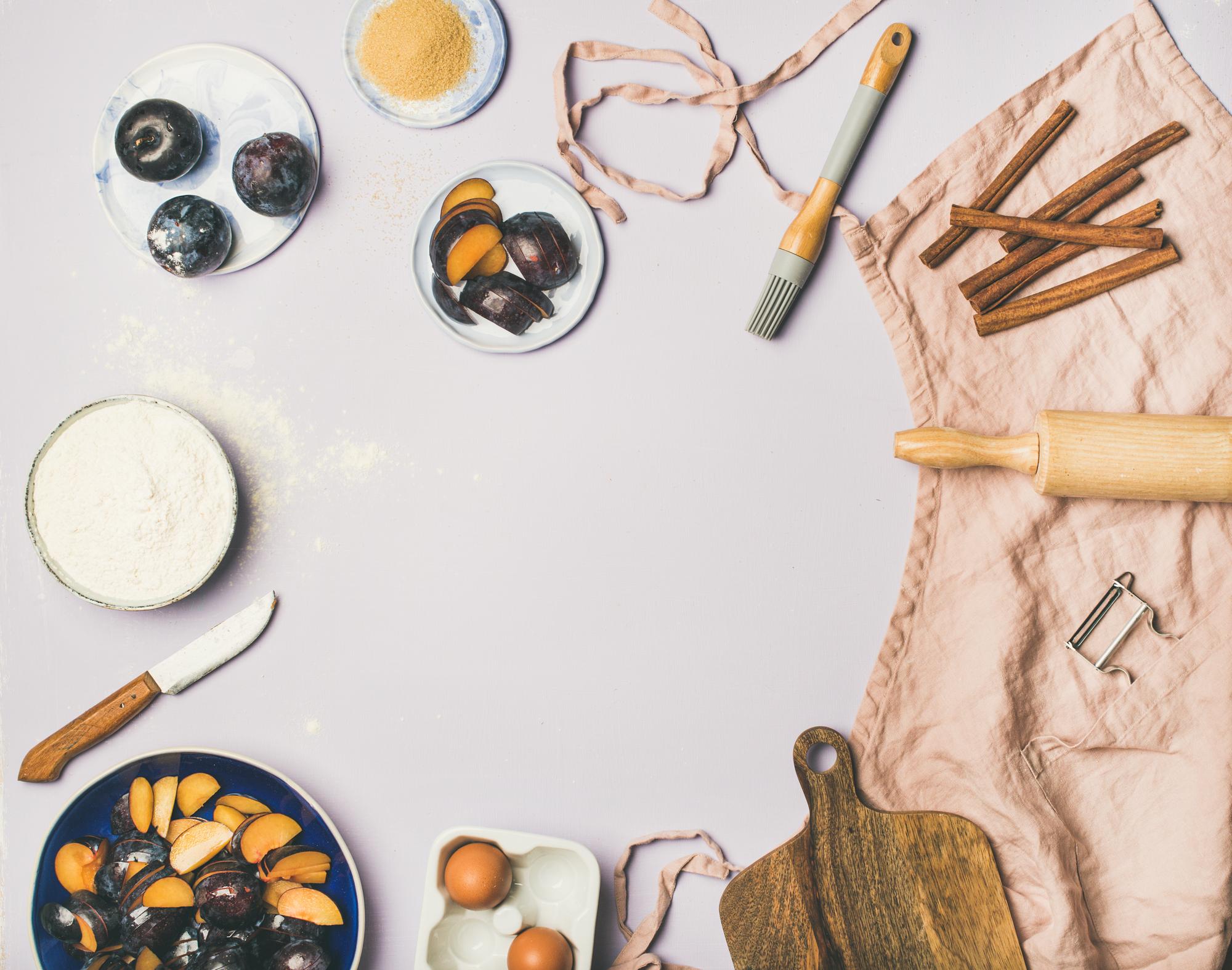 Workshop table with tools and plated food